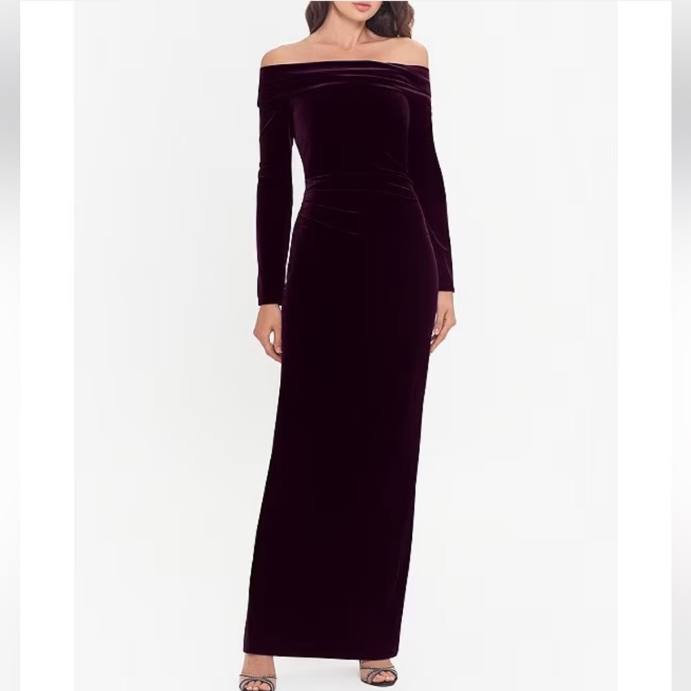 XSCAPE Off The Shoulder Long Sleeve Ruched Waist Velvet Gown